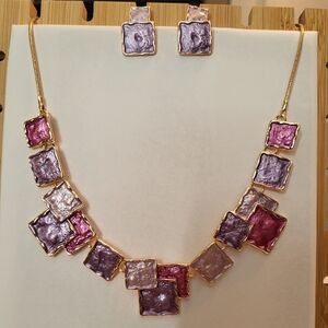 🩷 3/$152-piece square necklace & earring set in gold, purple & fuchsia NWOT